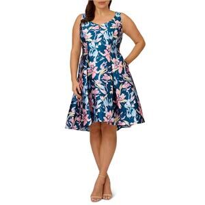 Adrianna Papell Floral Print Fit and Flare High-Low Cocktail Dress Blue Size 14W
